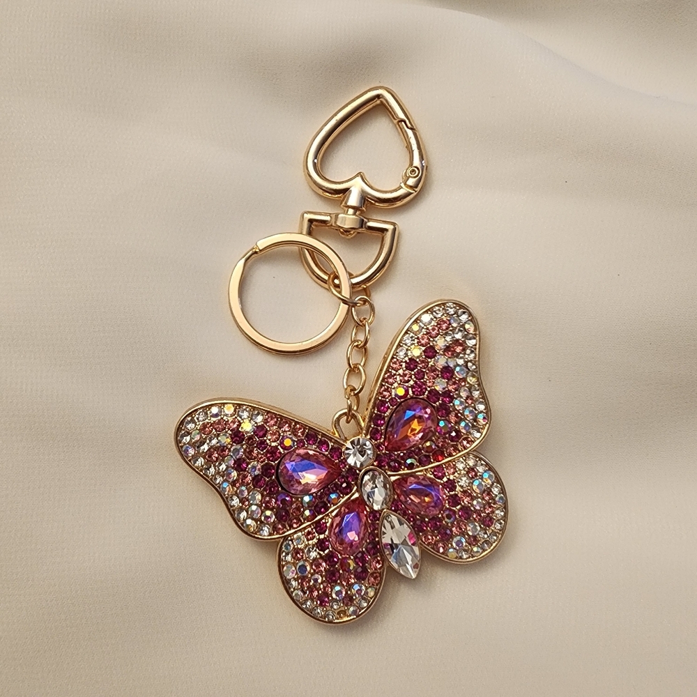 Pink AB & Gold Rhinestone Butterfly Keychain Crystal Bling Bag Charm Heart Clasp